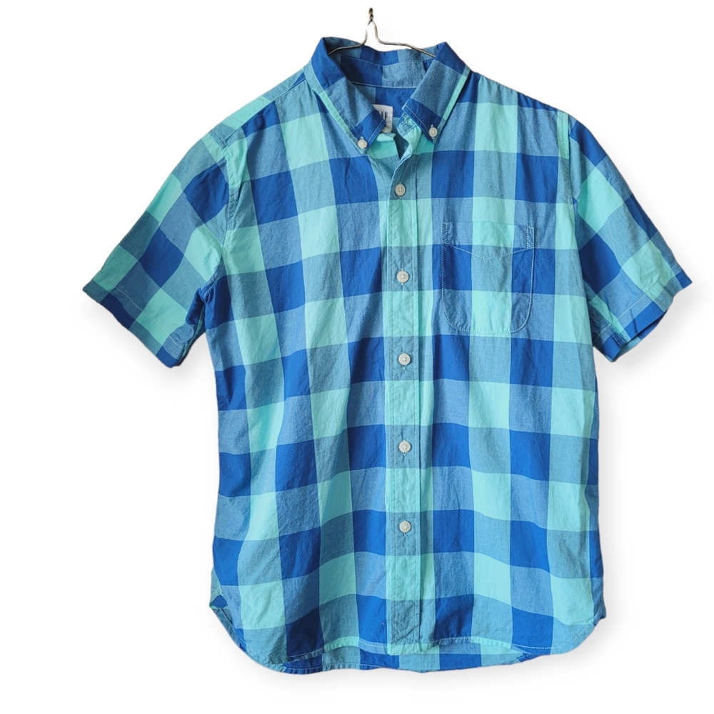 Boy's Buffalo Check Plaid Button-down Shirt in blue and sea green size 10